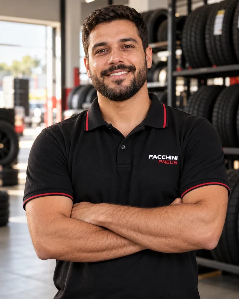Modelo masculino ilustrativo com uniforme da Facchini Pneus — atendimento 1