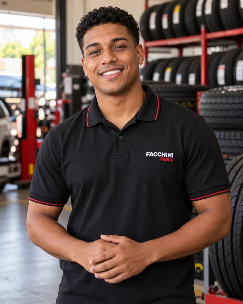 Modelo masculino ilustrativo com uniforme da Facchini Pneus — atendimento 2